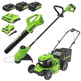 Greenworks 48V (2x24V) Electric Lawn Mower Combo Kit: 20"Steel Deck Push Mower, 12" String Trimmer, 320 CFM Blower, 3 Batteries & 2 Chargers, 3-Year Warranty.