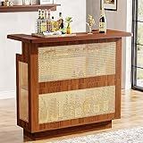 Tribesigns Rattan Home Bar Unit, Farmhouse 4-Tier Bar Table with 4 Stemware Racks and Heightened Base, Liquor Wine Bar Cabinet Mini Bar Table for Home Pub, Caramel Brown