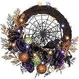Valery Madelyn Halloween Wreath for Front Door with Lights, 24 Inch Pre-Lit Roses Crow Spider Webs Ball Ornaments Collapsible Halloween Wreath Decorations Indoor for Table Centerpiece Holiday Decor