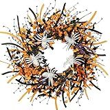 Sggvecsy Halloween Wreath 23inch with Artificial Spider Handmade Black Orange Leaves Orange Purple Berries Teeth Front Door Decorations for Outdoor Home Halloween Festival Decoration