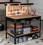 Omelaza 63" Heavy Duty Workbench with Tool Drawer & Pegboard, Easy Assembly Steel Work Table with 300Lbs Capacity, Solid Wood Top for Garage, Workshop Organization​