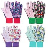 JUMPHIGH 4 Pairs Garden Gloves for Women, Floral with Non-Slip PVC Dots, Ladies Soft Breathable Yard Work Light Working Gloves, Elastic Knit Wrist, Large