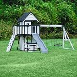 Backyard Discovery Canyon Creek White Cedar Wood Swing Set with Wave Slide, Clubhouse, Play Kitchen, Picnic Area, Belt Swings, Web Swing, Rock Wall, Balconies, Playhouse, Step Ladder, Outdoor Playset