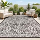 JONATHAN Y SMB104C-8 Malta Bohemian Medallion Textured Weave Indoor Outdoor Area -Rug, Coastal, Traditional, Transitional Easy -Cleaning,Bedroom,Kitchen,Backyard,Patio,Non Shedding, Black/Gray, 8 X 10