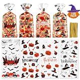 100 Pcs Halloween Treat Bags - Happy Halloweens Goodie Bag, Plastic Halloween Pumpkin Cellophane Bag Bulk, Clear Gift Goody Candy Bags with Twist Ties for Halloweens Party Supplies Favors Decorations