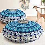 Codi Meditation Floor Pillow Set of 2, Round Large Pillows Seating for Adults, Bohemian Mandala Circle Cushion for Outdoor Fireplace Yoga Living Room, 32 Inch, Memory Foam Added, Navy