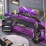 SEDETA 79" Gaming Desk, Computer Desk with 2 Fabric Drawers & LED Light, L Shaped Gaming Desk with Storage Shelf for Home Office, Carbon Fiber Black