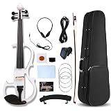 Vetimobato Electric Violin 4/4 Full Size Solid Wood Silent Violin Set for Adults Beginner Practice Electric Fiddle with Ebony Fittings Hard Case & Bow(4 String White)
