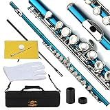 Glory Closed Hole C Flute With Case, Tuning Rod and Cloth, Gloves,Sea Blue