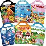 Kalysky 6Set Puffy Sticker Books for Kids 2-4, 3D Reusable Stickers Books for Toddlers 1-3 2-4,Farm+Animal+Dinosaurs+Ocean World+Space+Vehicle