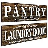 Jetec 2 Pcs Pantry Sign Wooden Laundry Room Signs Wall Decor Farmhouse Laundry Pantry Room Door Sign for Kitchen Home, 15 x 5 Inches(Brown)