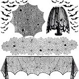 5Pack Halloween Decorations Indoor Halloween Decor Black Lace Table Runner Fireplace Mantel Scarf Round Tablecloth Cobweb Lampshade with 32 Pcs 3D Bat Wall Stickers