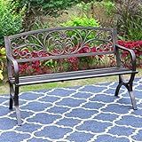 MFSTUDIO 50 Inches Outdoor Garden Bench, Cast Iron Metal Frame Patio Park Bench with Floral Pattern Backrest, Arch Legs for Porch, Lawn, Yard-Bronze