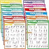gisgfim 12PCS Workout Posters for Home Gym Dumbbells, Bodyweight, Stretching, Resistance Bands, Yoga, Kettlebells Exercise Chart Full Body Workout Poster Set Muscle Engagement Chart Garage Gym Decor