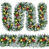 Christmas Garland with Lights - 9FT Pre-Lit Flocked Garland with 30 LED Bulbs, Red Berries, Pine Cones, Artificial Pine Battery Operated Garland for Fireplace, Staircase, Indoor & Outdoor Decoration