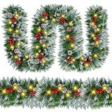 Christmas Garland with Lights - 9FT Pre-Lit Flocked Garland with 30 LED Bulbs, Red Berries, Pine Cones, Artificial Pine Battery Operated Garland for Fireplace, Staircase, Indoor & Outdoor Decoration