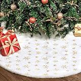 Christmas Tree Skirt 36 Inch, Holiday Part Decorations for Christmas Tree, Whit Plush Gold Sequin Snowflake Tree Shirt for Xmas