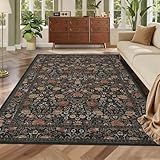GarveeHome Brown Vintage Floral Washable Rugs 5x7 for Living Room Black Boho Botanical Retro Rug Low Pile Stain Resistance Non Slip Carpet for Bedroom Nursery Dining Room