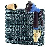 J&B XpandaHose 100ft Expandable Garden Hose with Holder - Heavy Duty Superior Strength 3750D - 4 -Layer Latex Core - Extra Strong Brass Connectors and 10 Spray Nozzle w/Storage Bag (Blue 100)