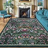 8x10 Area Rugs for Living Room: Floral Washable Rug Vintage Large Soft Boho Non-Slip Carpet Indoor Floor Stain Resistant Carpets for Bedroom Dining Room Farmhouse Nursery Home Office Dark Green