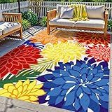 Colorful 5x8 Outdoor Area Rug Washable Multicolored Patio Rug Tropical Botanical Floral Chenille Waterproof Outdoor Carpet for Living Room, Deck, Backyard, Porch, Rainbow