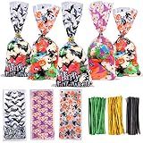 DIYASY 150 Pcs Halloween Cellophane Treat Bags, Clear Candy Bags Plastic Bats Pumpkin Bag Witch Goody Bag with 300 Twist Ties for Kids Party Favor