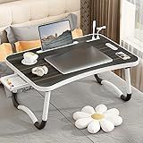 Portable Foldable Laptop Bed Table with 3 Port USB, Storage Drawer and Cup Holder, Laptop Desk Stand Tray for Eating, Reading and Working (Black)