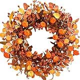 MAINGKAUNG Fall Wreath 22 Inch Fall Wreaths for Front Door Autumn Pumpkin Wreaths with Orange Eucalyptus Leaves and Berries for Indoor Outdoor Thanksgiving Harvest Festival Celebrations