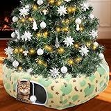 Tivray Christmas Cat Tunnels for Indoor Cats, 35'' Plush Cat Tunnel Bed Christmas Tree Skirt with Playful Ball and Circle Cushion, Foldable Peekaboo Cave, Interactive Toy, Yellow&Cloud