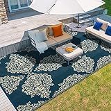 wikiwiki Outdoor Rug, 5x8ft Waterproof Reversible Mat Indoor Outdoor Rugs Carpet, Small Area Rug Plastic Straw Rug for Patio Deck Balcony Pool RV Camping Beach Picnic, Blue & Beige, Rugscape Series
