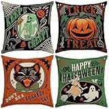 YOSICHY Halloween Decor Pillow Covers 18x18 Inch,Set of 4 Fall Decoration Indoor Outdoor Throw Pillow Covers, Keep It Creepy Ghost Black Green Linen Cushion Case for Home Sofa Couch Bedroom Chair