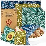 Akeeko Reusable Beeswax Food Wraps - Assorted 9 Packs, Reusable, Plastic-Free Food Storage, 5 Small, 2 Medium, 1 Large, 1 Extra Large Wraps with Abstract Curves Pattern