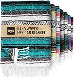 Authentic Extra Large Mexican Blanket - 70"x50" Handwoven Yoga, Serape, Artisanal Falsa, Beach, Camping, Picnic, Outdoor Blanket (Emerald)