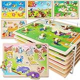 SYNARRY Wooden Puzzles for Toddlers 1-3, 6XSET Animals Puzzles for Toddlers 2-4 with Rack, Toddler Puzzles Ages 2-4, Toddler Valentines Day Easter Basket Stuffers Gifts Toys for Boys Girls