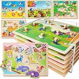 SYNARRY Wooden Puzzles for Toddlers 1-3, 6XSET Animals Puzzles for Toddlers 2-4 with Rack, Toddler Puzzles Ages 2-4, Kids Learning Educational Montessori Toys, Education Toys for 2 3 Years Boys Girls