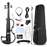 Vetimobato Electric Violin 4/4 Full Size Solid Wood Silent Violin Set for Adults Beginner Practice Electric Fiddle with Ebony Fittings Hard Case & Bow(4 String Black)