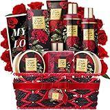 Gifts for Her - Exotic Rose Valentine Gift Basket for Women, Spa Bath and Body Gift Set, Anniversary Gifts for Women, Mom Birthday Gift with Body Scrub, Bubble Bath, Lotion & More