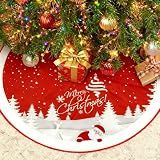 Christmas Tree Skirt Red Xmas Tree Ornaments for White Soft Plush Christmas Tree Mat with Snowy Pattern for Decorations Holiday Party 48 inches
