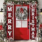 Ivenf Christmas Decorations Outdoor Yard Front Porch Sign Set, Red Black Buffalo Plaid Door Banner, Hanging Merry Christmas Decorations for Home, Indoor Outdoor Xmas Decor Wall Front Door Yard Garage