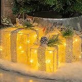 Hourleey Set of 3 Christmas Lighted Gift Boxes, Pre-lit 60 LED Light Up Present Boxes Ornament Outdoor Warm White Tinsel Boxes Decoration for Indoor Christmas Home Yard Lawn Decor
