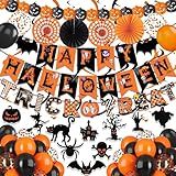 Happy Halloween Trick or Treat Banner Paper Fan Balloons & Swirl Streamers Goul Bat Cat Bird Ghost Pumpkin Lantern for Party Decorations