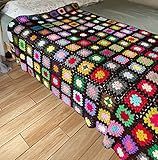 RISEON Handmade Granny Square Crochet Throw Blanket Sweater Style Mat, crochet quilt, multicolor Boho Travel Accent Decor Throw for Sofa Comforter Couch Bed Recliner Living Room Bedroom (Dark Brown)