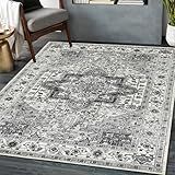 VFROO 5x7 Machine Washable Area Rug, Ultra Soft Low-Pile Boho Vintage Carpet, Non-Slip Indoor Rug for Living Room, Bedroom (Gray)
