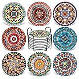 Coasters for Drinks,AODINI Set of 8 Absorbent Stone Coasters for Wooden Table, Mandala Ceramic with Cork Base, Gift for Housewarming Birthday and Family - Great Home and Dining Room Decor