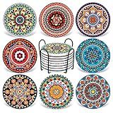 Coasters for Drinks,AODINI Set of 8 Absorbent Stone Coasters for Wooden Table, Mandala Ceramic with Cork Base, Gift for Housewarming Birthday and Family - Great Home and Dining Room Decor