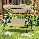 Esright Patio Swings Outdoor, 3-Seat Glider Patio Swings with Removable Cushion and Adjustable Canopy, Porch Bench for Garden, Poolside&Backyard, Beige