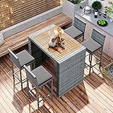 5 Piece Patio Wicker Bar Set, 4 Bar Height Chairs With Non-Slip Feet And Fixed Rope, Outdoor Garden PE Rattan Wicker Bar Set, Modern Patio Dining Set, Acacia Wood Table Top, Brown Wood And Gray Wicker