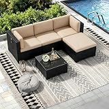 Drawisi 5 Pieces Outdoor Patio Furniture Sets, All Weather Wicker Rattan Sectional Patio Sofa, Outdoor Seating Sofas with Glass Table and Washable Cushion, Light Brown