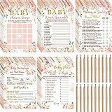 Spakon 125 Pcs Floral Baby Shower Games for Girls 5 Games Baby Shower Activities Floral Cards for 25 Guests Includes Flower Mommy or Daddy Predict Who Description Word Scramble Game with 20 Pencil