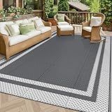 HappyTrends Outdoor Rug Reversible Portable Plastic Straw Camping Rugs for Outside RV,Large Waterproof Outdoor Area Rugs for Patio,Deck,Porch,Balcony(5'x 8',White&Gray)